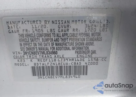 2021 Nissan Versa Sv Xtronic Cvt from USA, damaged, VIN 3N1CN8EV7ML834960